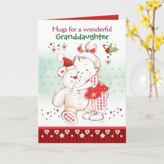 クリスマス、孫娘、かわいいベビーガール&テディ カード (黄色い花)