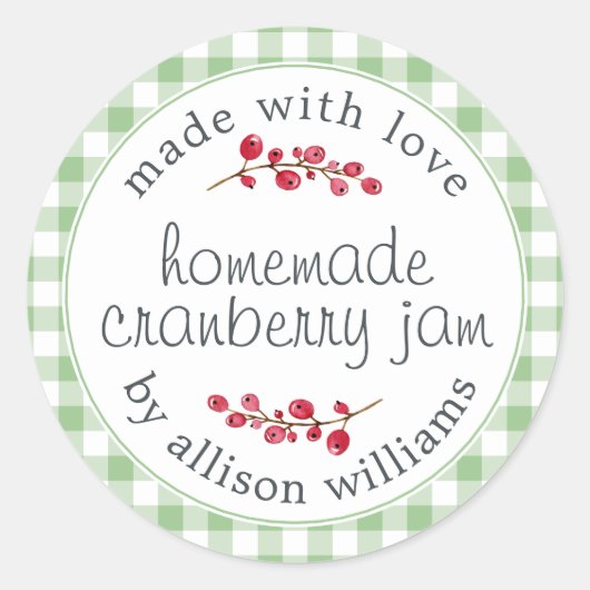 クリスマス 手作り クランベリー ジャム 缶 緑のチェック ラウンドシール (正面)