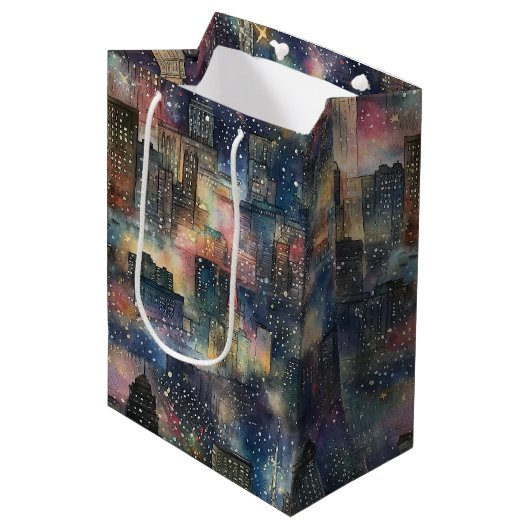 クリスマス&新年の水彩画のシカゴ ミディアムペーパーバッグ (正面アングル)