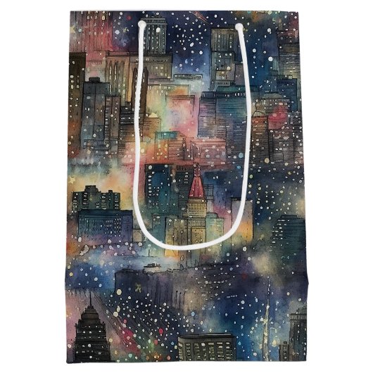 クリスマス&新年の水彩画のシカゴ ミディアムペーパーバッグ (裏面)