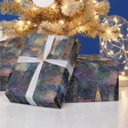 クリスマス&新年の水彩画のシカゴ ラッピングペーパー