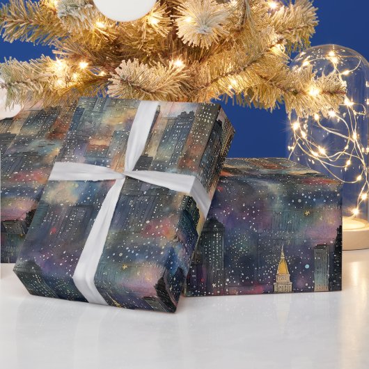 クリスマス&新年の水彩画のシカゴ ラッピングペーパー (クリスマス)