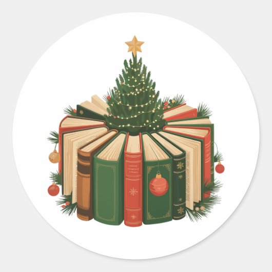 クリスマス 本 ツリー 読書好き Xmas 本好き ラウンドシール (正面)