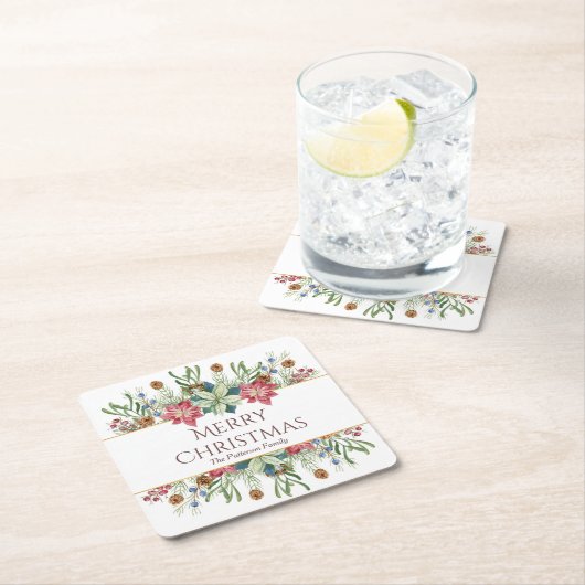 クリスマス 水彩冬の花 名前 スクエアペーパーコースター (インサイチュ)