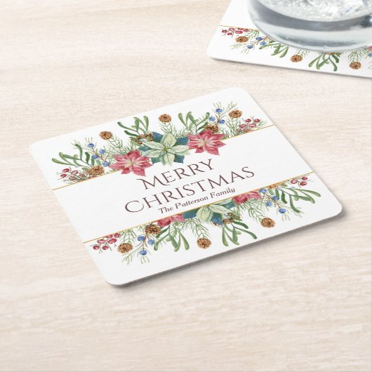 クリスマス 水彩冬の花 名前 スクエアペーパーコースター (アングル)