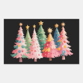 クリスマス 水彩 ツリー かわいい Xmas ピンク 長方形シール (正面)