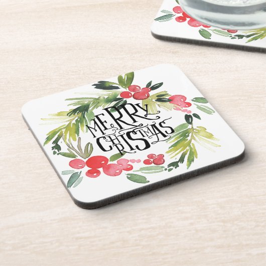 クリスマス |水彩 – ホリデーホリーリース コースター (左側)