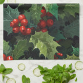 クリスマス 水彩 ホーリー ベリー 葉 植物画 キッチンタオル (折り畳み)
