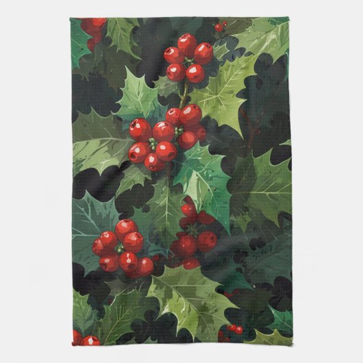 クリスマス 水彩 ホーリー ベリー 葉 植物画 キッチンタオル (縦)