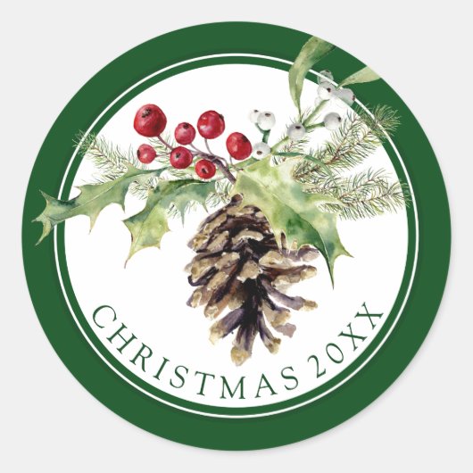 クリスマス |水彩 – ヴィンテージホリー&ピネコン ラウンドシール (正面)