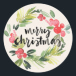 クリスマス |水彩 – Merry Christmasリース ラウンドシール<br><div class="desc">雪がモダン降り注ぐリース。このデザインは伝統的シーズンの挨拶を与え少し余分に取る。スリックタイポグラフィ包まれた、ホリー。このデザインは家族と友人を同じように驚かせるだろう。「聖降誕祭お目出度う」と云う言葉を愛する者は皆無い。彼らシンプルはシーズン中ずっと感謝する2つの言葉を超えて！</div>