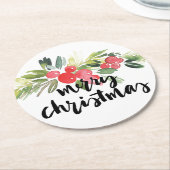 クリスマス |水彩 – Merry Christmas Holly ラウンドペーパーコースター (アングル)