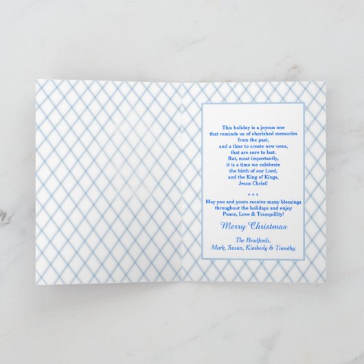 クリスマス、牧師及び家族、青または木のクリスチャン シーズンカード (内部)