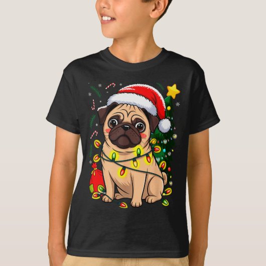 クリスマス 犬 サンタクロース パグ 子犬 Xmas Tシャツ (正面)