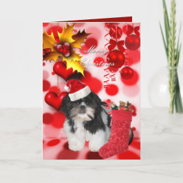 クリスマス+犬+シッズー+子犬+帽子+ハート シーズンカード