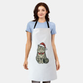 クリスマス 猫 サンタ帽子 ビンテージ風 彫刻 デザイン_1 エプロン (着用した状態)