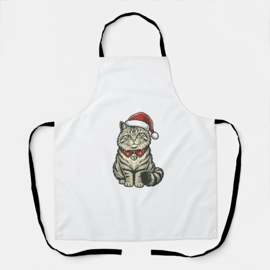 クリスマス 猫 サンタ帽子 ビンテージ風 彫刻 デザイン_1 エプロン (正面)