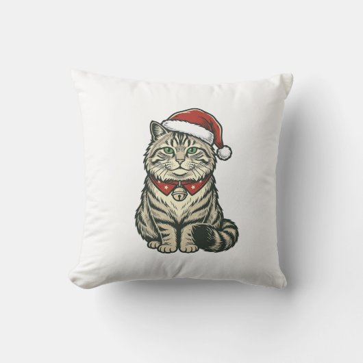クリスマス 猫 サンタ帽子 ビンテージ風 彫刻 デザイン_1 クッション (正面)
