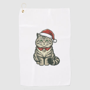 クリスマス 猫 サンタ帽子 ビンテージ風 彫刻 デザイン_1 ゴルフタオル