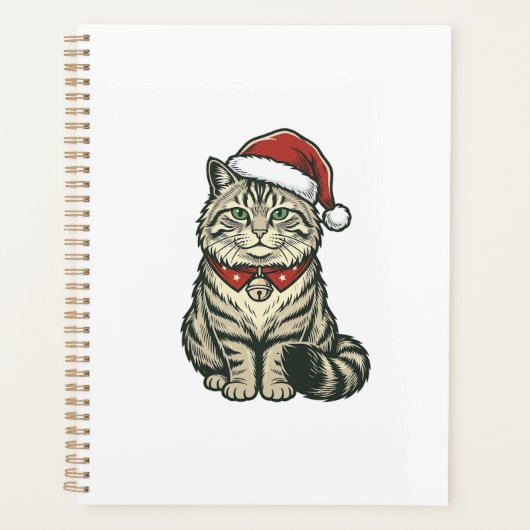 クリスマス 猫 サンタ帽子 ビンテージ風 彫刻 デザイン_1 プランナー手帳 (正面)