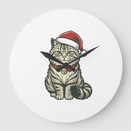 クリスマス 猫 サンタ帽子 ビンテージ風 彫刻 デザイン_1 ラージ壁時計 (正面)