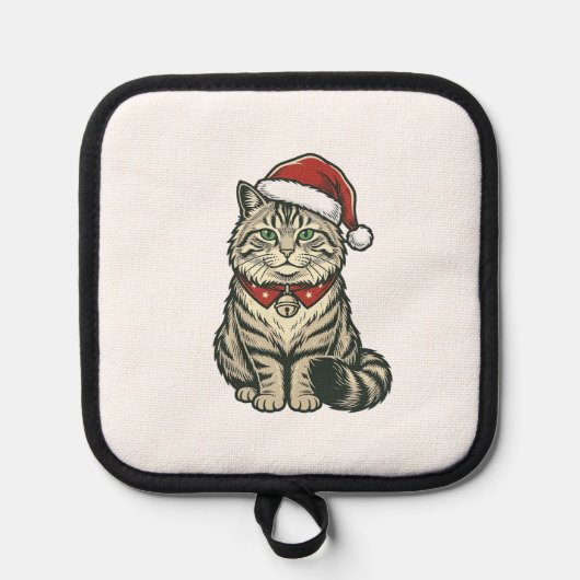 クリスマス 猫 サンタ帽子 ビンテージ風 彫刻 デザイン_1 鍋敷き (正面)
