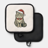 クリスマス 猫 サンタ帽子 ビンテージ風 彫刻 デザイン_1 鍋敷き (正面/裏面)
