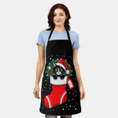 クリスマス 猫 ストッキング サンタ帽子 松かさ 雪 エプロン (着用した状態)