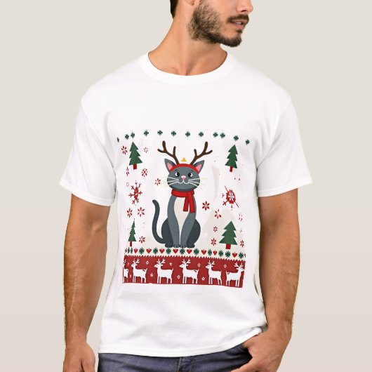 クリスマス 猫 トナカイ ださい クリスマス セーター Tシャツ (正面)
