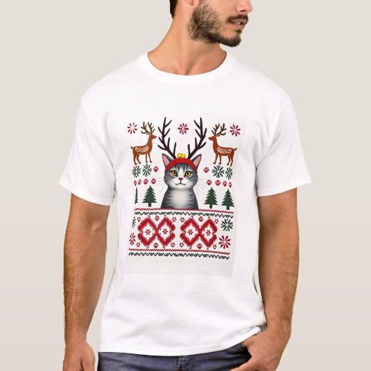 クリスマス 猫 トナカイ ださい クリスマス セーター Tシャツ (正面)