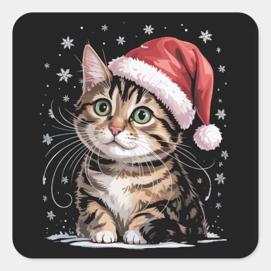 クリスマス 猫 雪 サンタ帽子 冬 スクエアシール (正面)