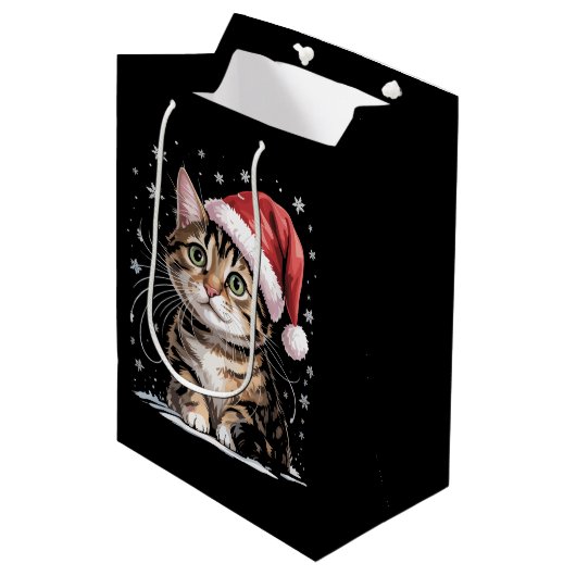 クリスマス 猫 雪 サンタ帽子 冬 ミディアムペーパーバッグ (正面アングル)