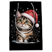 クリスマス 猫 雪 サンタ帽子 冬 ミディアムペーパーバッグ (正面)