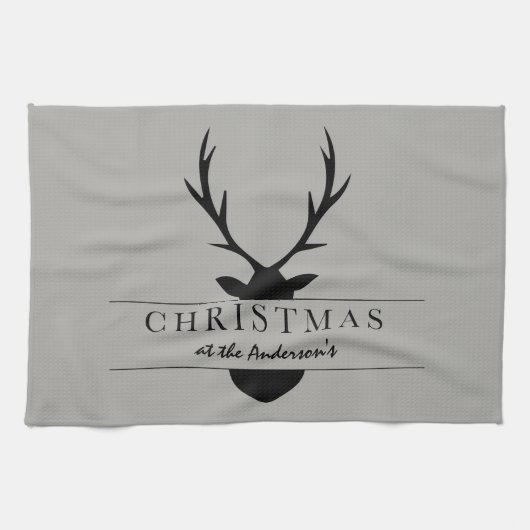 クリスマス……田舎，森林，牡鹿 キッチンタオル (横)