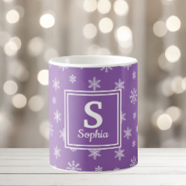 クリスマス 白い雪の結晶 紫のモノグラム コーヒーマグカップ