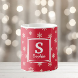クリスマス 白い雪の結晶 赤いモノグラム コーヒーマグカップ