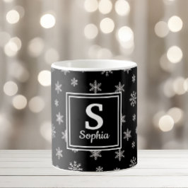 クリスマス 白い雪の結晶 黒いモノグラム コーヒーマグカップ