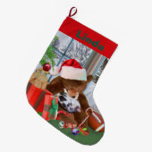 クリスマス,眠る猫,テディベア,名前 ラージクリスマスストッキング (正面 (吊り時))