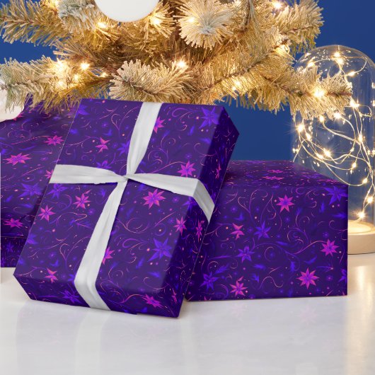 クリスマス 紫 ピンク 花 植物模様 ラッピングペーパー (クリスマス)