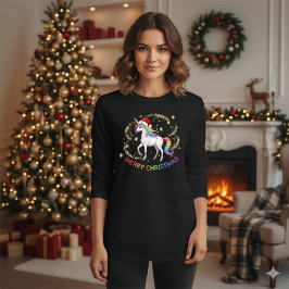 クリスマス 虹色 ユニコーン サンタ帽子 Tシャツ