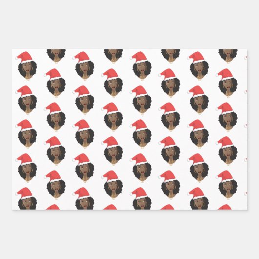 クリスマス、赤いサンタハットを持つ黒人女性 ラッピングペーパーシート (正面2)
