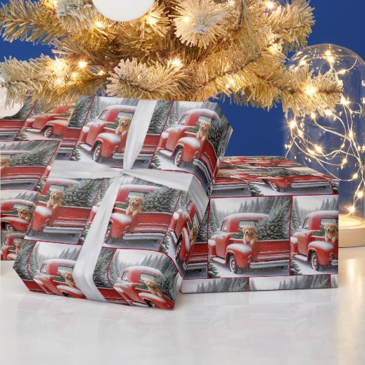 クリスマス 赤いトラックとゴールデンレトリバー ラッピングペーパー (クリスマス)