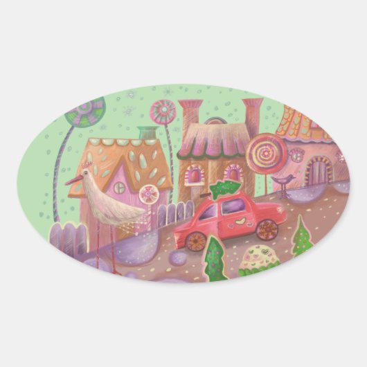 クリスマス 赤い車  楕円形シール (正面)