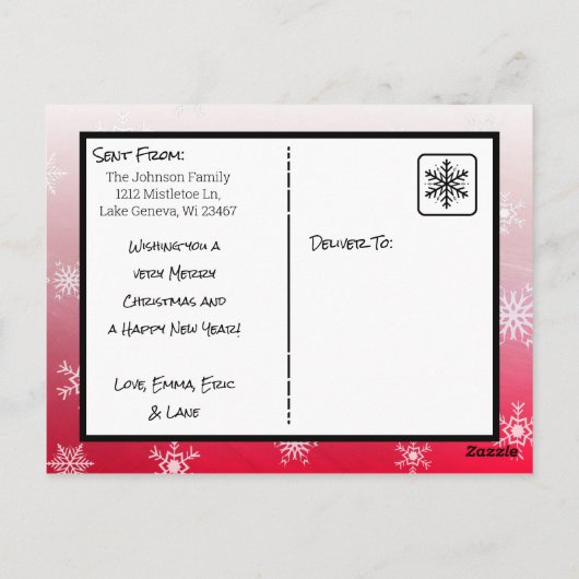 クリスマス 赤い雪の結晶 ファミリーフォトカード ポストカード (裏面)