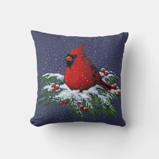 クリスマス: 赤い(鳥)ショウジョウコウカンチョウ: Snowyのマツ枝: 芸術 クッション (正面)