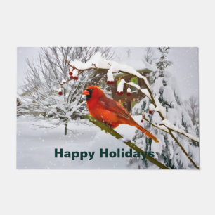 クリスマス、赤く基本的な鳥および雪 ドアマット