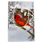 クリスマス、赤く基本的な鳥および雪 ミディアムペーパーバッグ (正面)