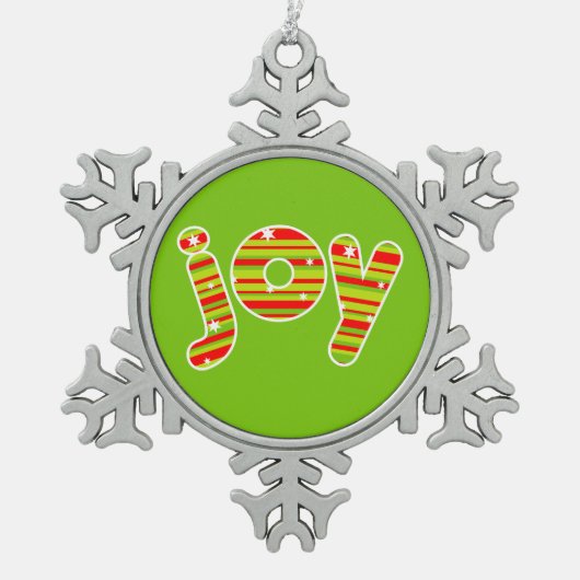 クリスマス、赤と緑のでのJOY ストライプ スノーフレークピューターオーナメント (正面)