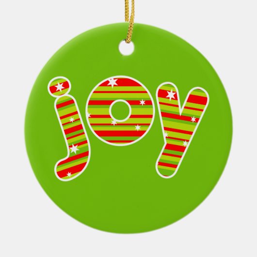 クリスマス、赤と緑のでのJOY ストライプ セラミックオーナメント (正面)