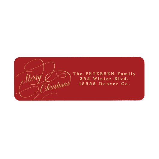 クリスマス 赤と金の差出人住所ラベル おしゃれなカリグラフィー文字の「メリークリスマス」エレガントな ラベル (正面)
